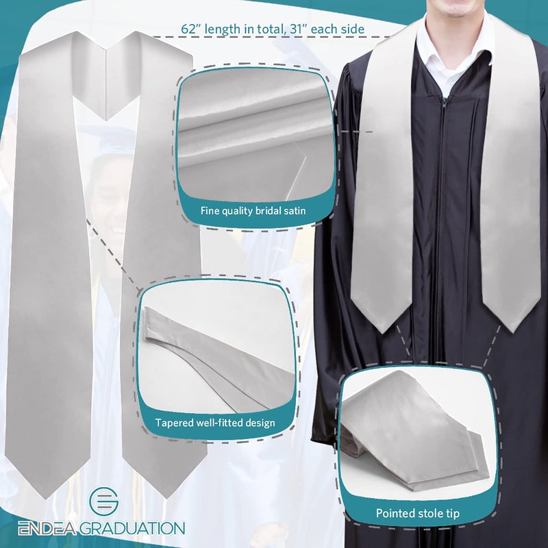 Endea Graduation Endea Silver Graduation Stole - Plain Color, Unisex, 62" Graduation Sash (Silver) - Image 3